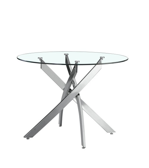 Tavolo da pranzo tondo fisso Peyton con piano in vetro temperato e gambe cromate 100x100 cm.