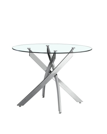Tavolo da pranzo tondo fisso Peyton con piano in vetro temperato e gambe cromate 100x100 cm.