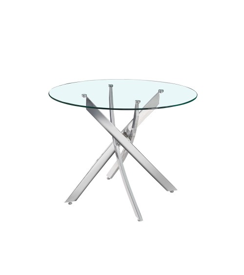 Tavolo da pranzo tondo fisso Peyton con piano in vetro temperato e gambe cromate 100x100 cm.