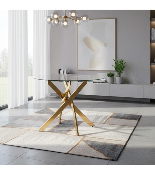 Tavolo da pranzo tondo fisso Peyton con piano in vetro temperato e gambe oro 100x100 cm.