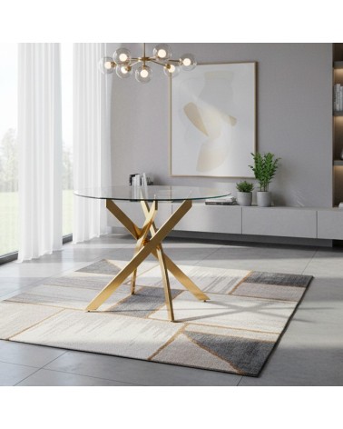 Tavolo da pranzo tondo fisso Peyton con piano in vetro temperato e gambe oro 100x100 cm.