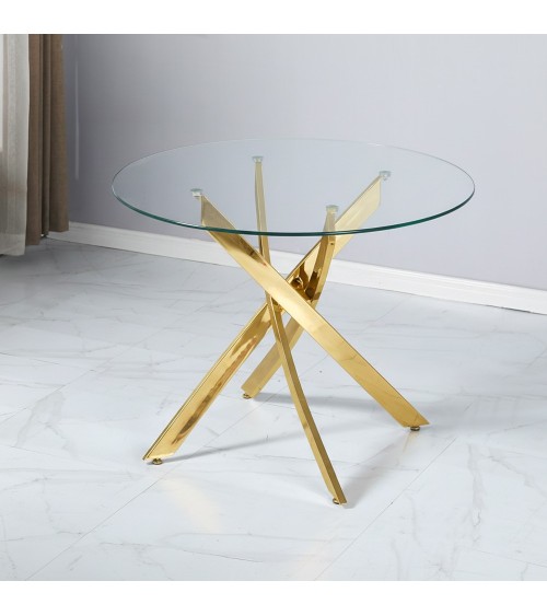 Tavolo da pranzo tondo fisso Peyton con piano in vetro temperato e gambe oro 100x100 cm.