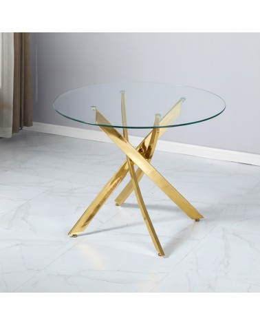 Tavolo da pranzo tondo fisso Peyton con piano in vetro temperato e gambe oro 100x100 cm.