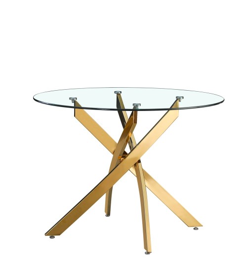Tavolo da pranzo tondo fisso Peyton con piano in vetro temperato e gambe oro 100x100 cm.
