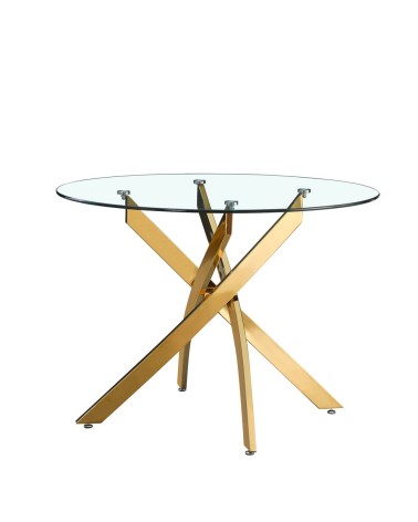 Tavolo da pranzo tondo fisso Peyton con piano in vetro temperato e gambe oro 100x100 cm.