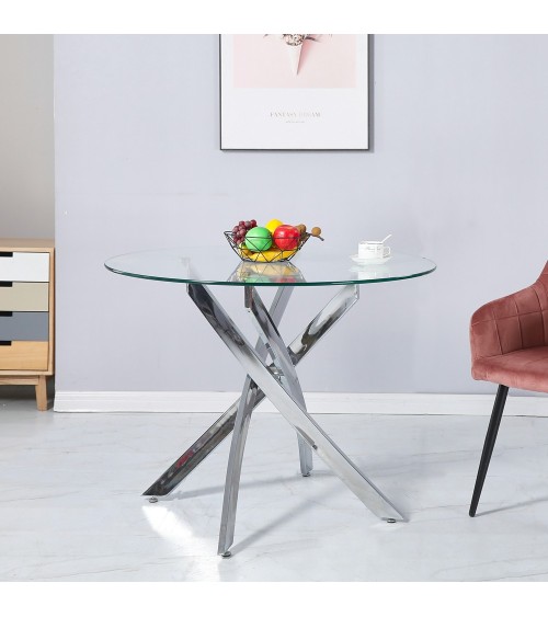 Tavolo da pranzo tondo fisso Peyton con piano in vetro temperato e gambe cromate 130x130 cm.