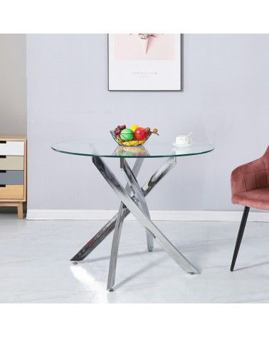 Tavolo da pranzo tondo fisso Peyton con piano in vetro temperato e gambe cromate 130x130 cm.