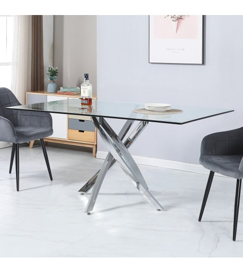 Tavolo da pranzo rettangolare fisso Peyton con piano in vetro temperato e gambe cromate 160x90 cm.