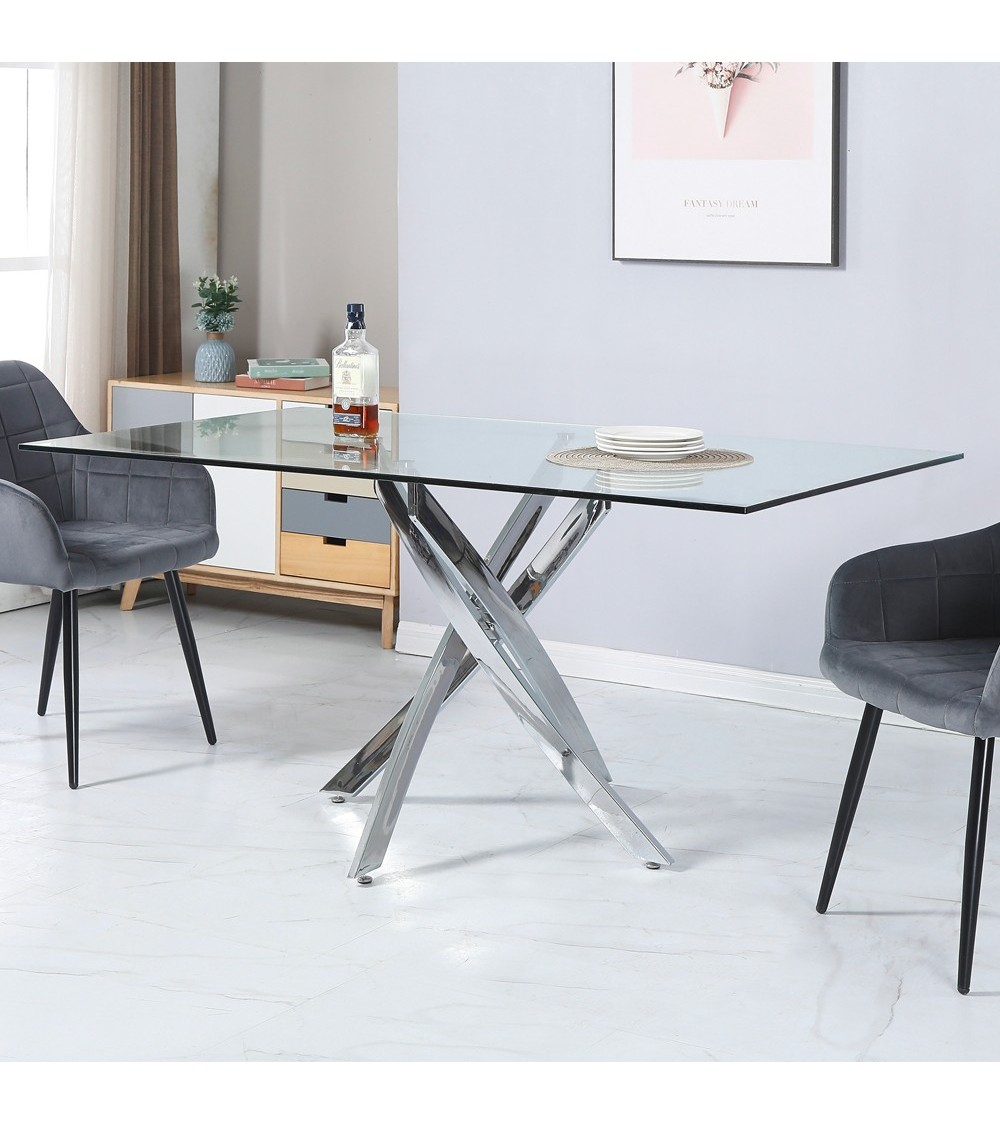 Tavolo da pranzo rettangolare fisso Peyton con piano in vetro temperato e gambe cromate 160x90 cm.