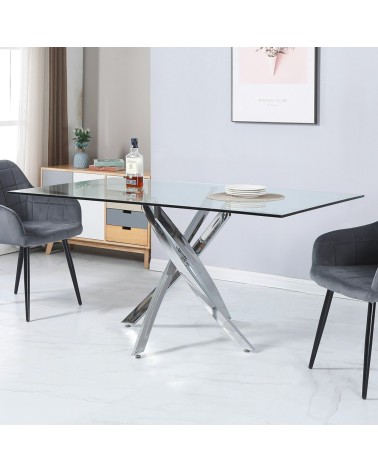 Tavolo da pranzo rettangolare fisso Peyton con piano in vetro temperato e gambe cromate 160x90 cm.