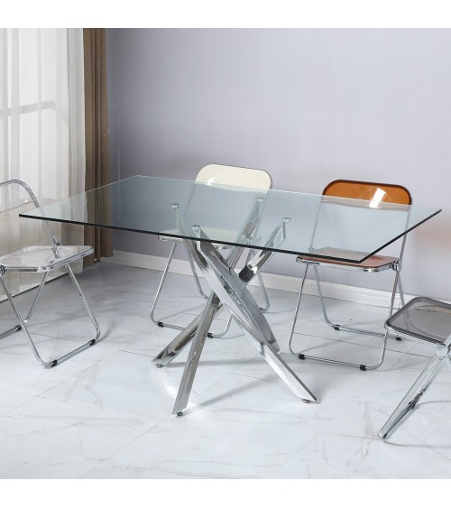 Tavolo da pranzo rettangolare fisso Peyton con piano in vetro temperato e gambe cromate 160x90 cm.