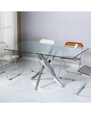 Tavolo da pranzo rettangolare fisso Peyton con piano in vetro temperato e gambe cromate 160x90 cm.