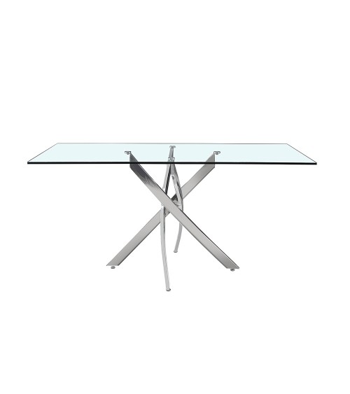 Tavolo da pranzo rettangolare fisso Peyton con piano in vetro temperato e gambe cromate 160x90 cm.