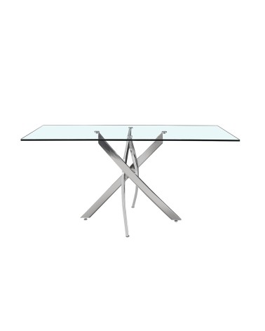 Tavolo da pranzo rettangolare fisso Peyton con piano in vetro temperato e gambe cromate 160x90 cm.