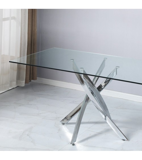 Tavolo da pranzo rettangolare fisso Peyton con piano in vetro temperato e gambe cromate 160x90 cm.