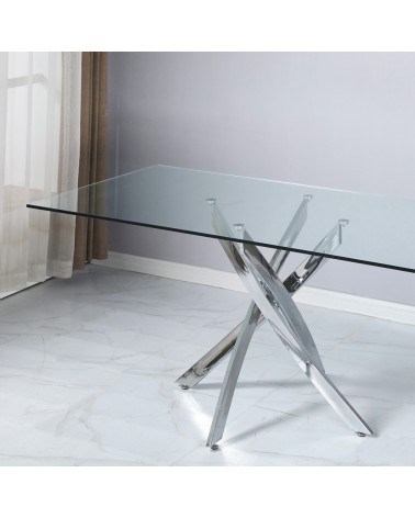 Tavolo da pranzo rettangolare fisso Peyton con piano in vetro temperato e gambe cromate 160x90 cm.