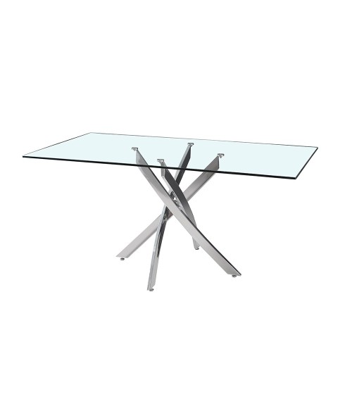 Tavolo da pranzo rettangolare fisso Peyton con piano in vetro temperato e gambe cromate 160x90 cm.