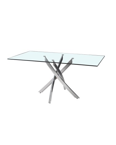 Tavolo da pranzo rettangolare fisso Peyton con piano in vetro temperato e gambe cromate 160x90 cm.