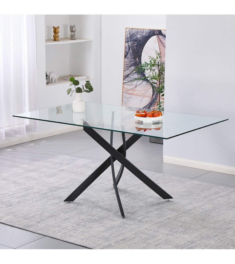 Tavolo da pranzo rettangolare fisso Peyton con piano in vetro temperato e gambe nero 160x90 cm.