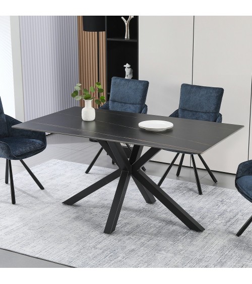Tavolo fisso Hunter con piano in ceramica effetto marmo nero con venature oro opaco e gambe nere
