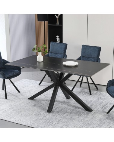 Tavolo fisso Hunter con piano in ceramica effetto marmo nero con venature oro opaco e gambe nere
