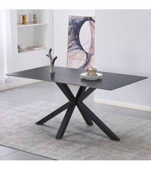 Tavolo fisso Hunter con piano in ceramica effetto marmo nero con venature oro opaco e gambe nere