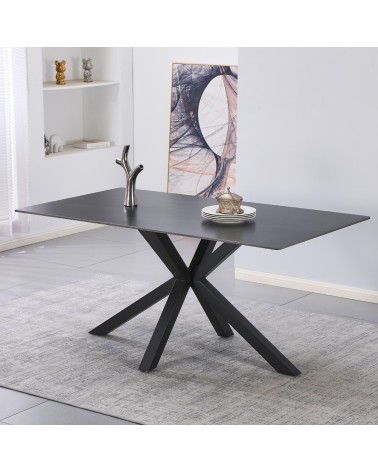 Tavolo fisso Hunter con piano in ceramica effetto marmo nero con venature oro opaco e gambe nere