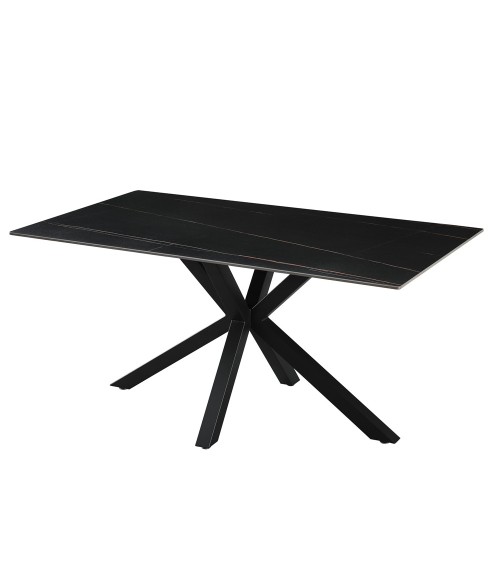 Tavolo fisso Hunter con piano in ceramica effetto marmo nero con venature oro opaco e gambe nere