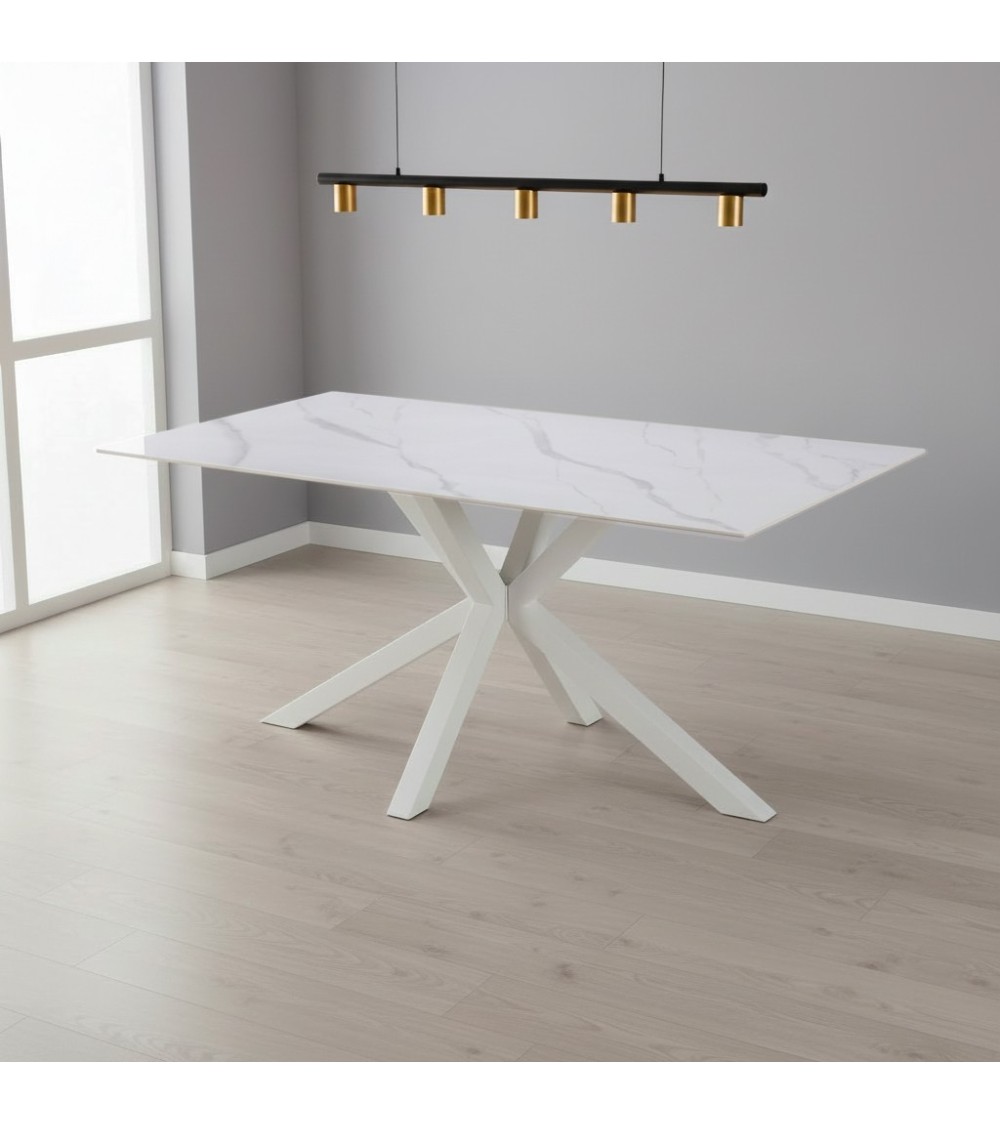 Tavolo fisso Hunter con piano in ceramica effetto marmo bianco opaco e gambe bianche