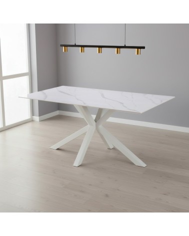 Tavolo fisso Hunter con piano in ceramica effetto marmo bianco opaco e gambe bianche