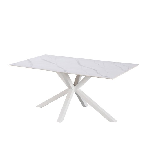 Tavolo fisso Hunter con piano in ceramica effetto marmo bianco opaco e gambe bianche