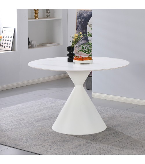 Tavolo tondo fisso Taini con piano in ceramica effetto marmo bianco opaco e gambe in metallo bianco