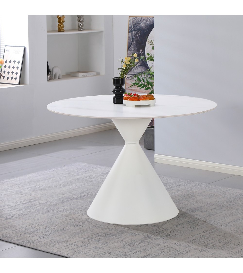 Tavolo tondo fisso Taini con piano in ceramica effetto marmo bianco opaco e gambe in metallo bianco