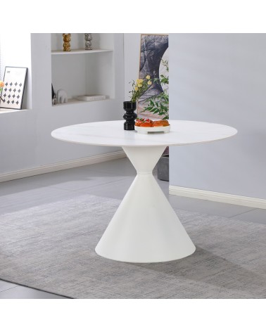Tavolo tondo fisso Taini con piano in ceramica effetto marmo bianco opaco e gambe in metallo bianco