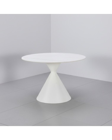 Tavolo tondo fisso Taini con piano in ceramica effetto marmo bianco opaco e gambe in metallo bianco