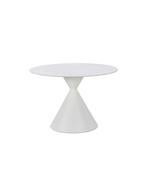 Tavolo tondo fisso Taini con piano in ceramica effetto marmo bianco opaco e gambe in metallo bianco