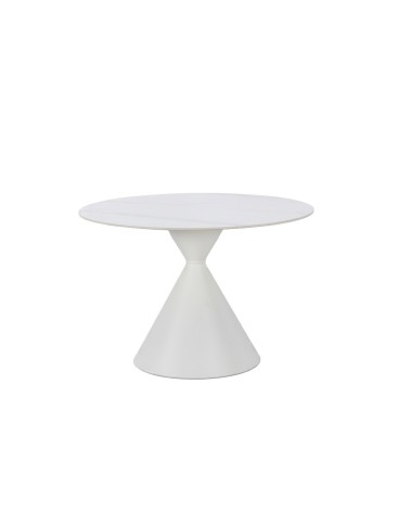 Tavolo tondo fisso Taini con piano in ceramica effetto marmo bianco opaco e gambe in metallo bianco