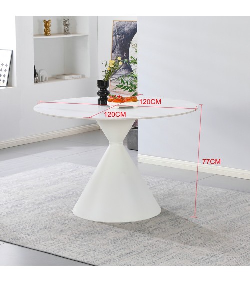 Tavolo tondo fisso Taini con piano in ceramica effetto marmo bianco opaco e gambe in metallo bianco