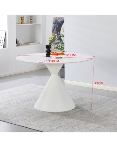 Tavolo tondo fisso Taini con piano in ceramica effetto marmo bianco opaco e gambe in metallo bianco