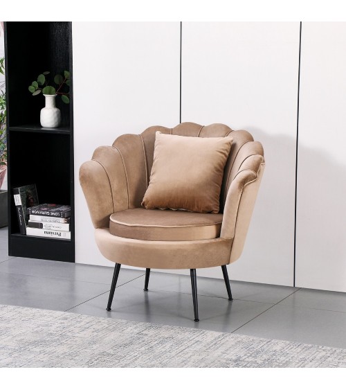 Poltrona a conchiglia Orel in velluto UF910-1 beige e gambe nero