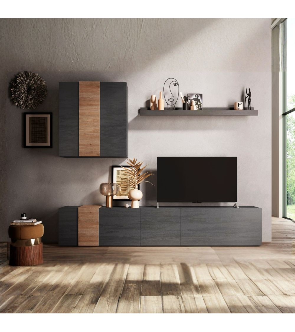 Parete attrezzata Sabry 301 cm in titanio e rovere Kadiz