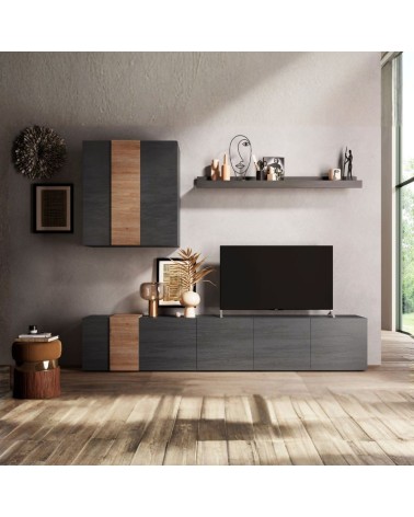 Parete attrezzata Sabry 301 cm in titanio e rovere Kadiz