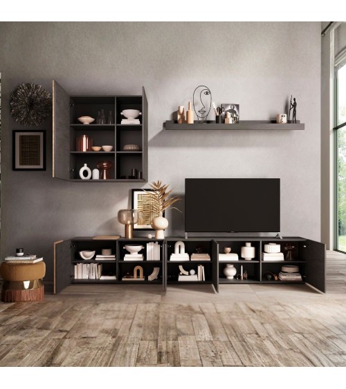 Parete attrezzata Sabry 301 cm in titanio e rovere Kadiz