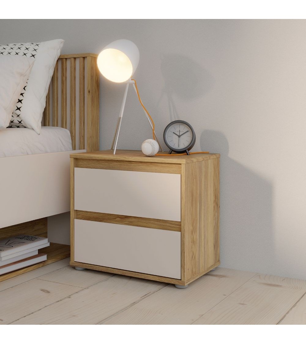 Comodino Neutra 2 cassetti con struttura rovere e frontali cassetti cashmere