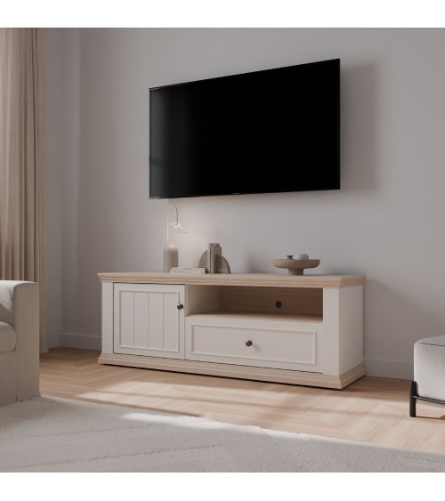 Porta tv Essenza 150 con 1 anta 1 cassetto e nicchia a giorno in colore bianco e dettagli rovere