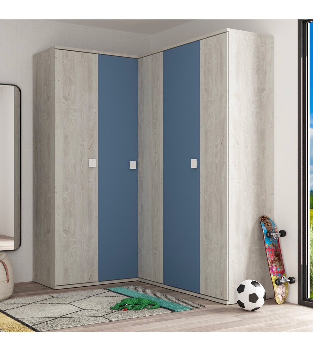 Armadio ad angolo 5 ante in colore bianco consumato e celeste