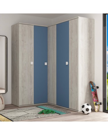 Armadio ad angolo 5 ante in colore bianco consumato e celeste