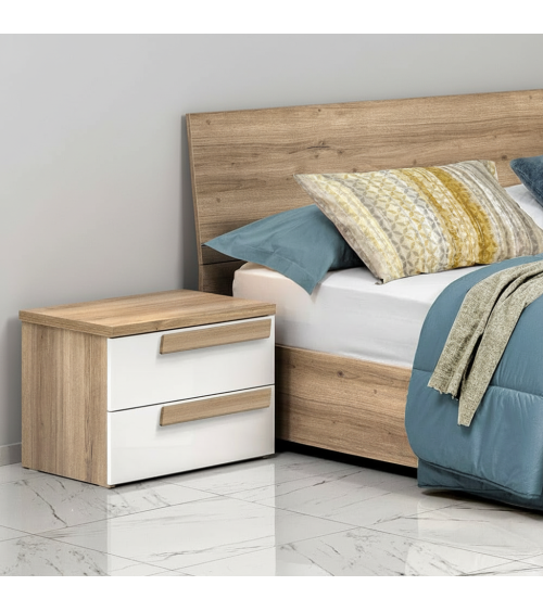 Comodino Melodia 2 cassetti con struttura e maniglie rovere caramello e frontali bianco lucido