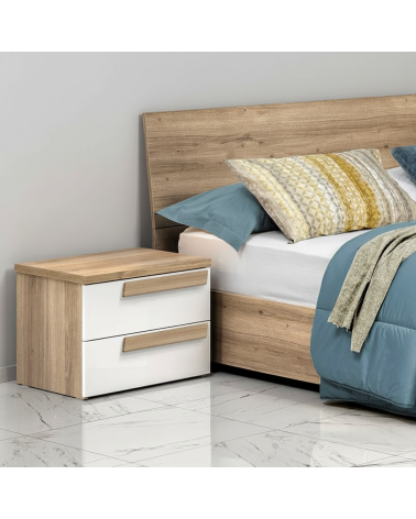 Comodino Melodia 2 cassetti con struttura e maniglie rovere caramello e frontali bianco lucido