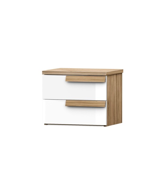 Comodino Melodia 2 cassetti con struttura e maniglie rovere caramello e frontali bianco lucido